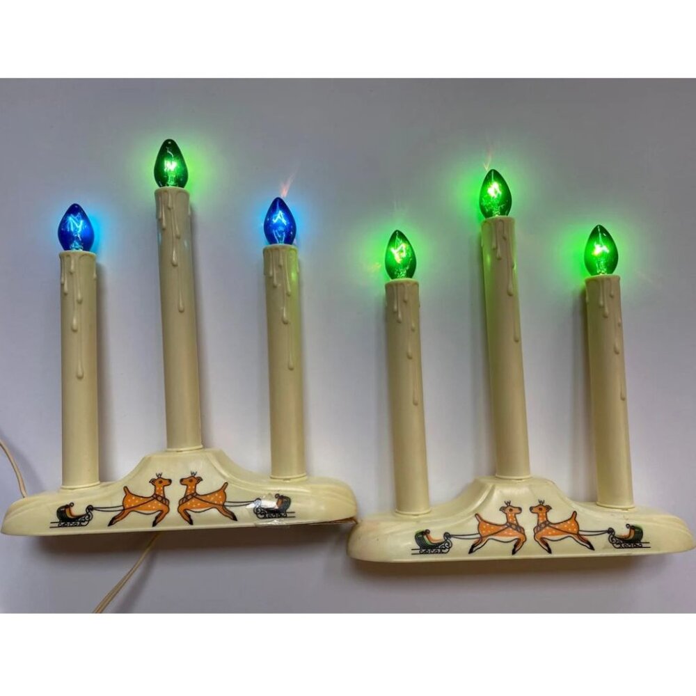Pair of Vintage Christmas Candelabras Plastic Candle Lights Xmas Holiday Decor